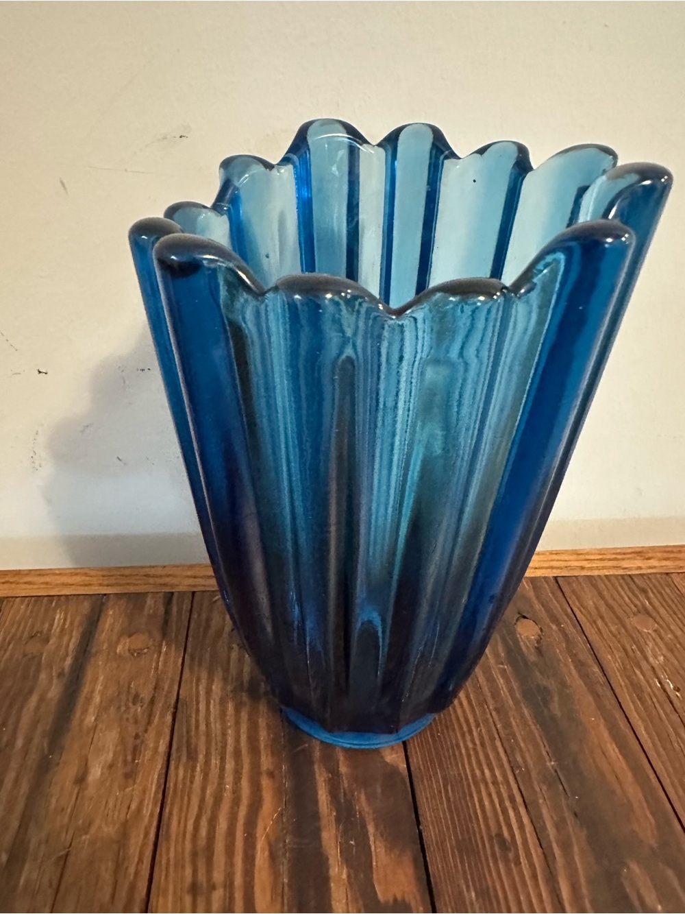 Blue Scalloped Glass Vase Hand Blown
